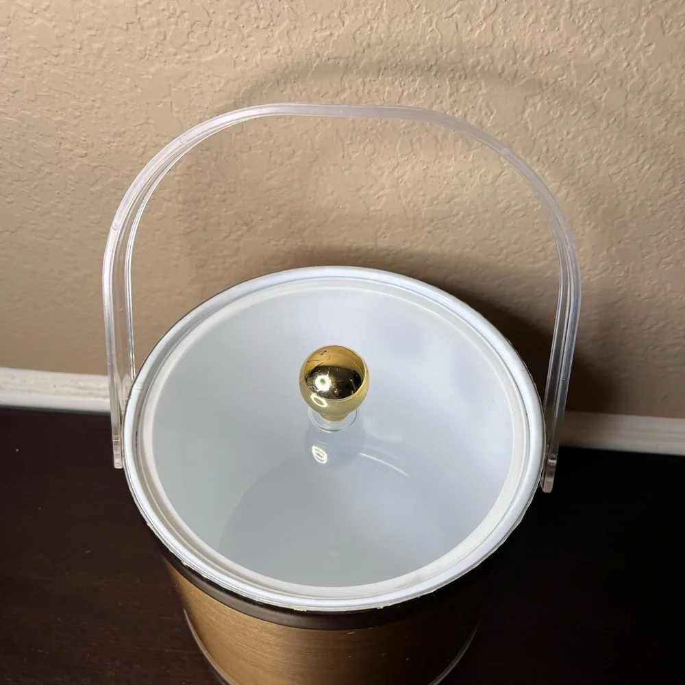 Vintage 1970's Brushed Gold Ice Bucket, Collectible Barware, Midcentury Mod Deco